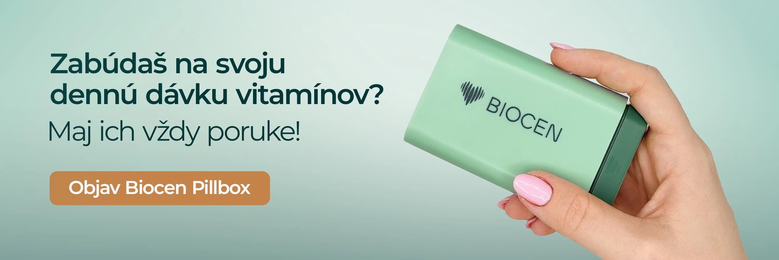Biocen Vitamíny Minerály Výživové doplnky Pillbox Organizer Davkovac Banner S Rukou svetly